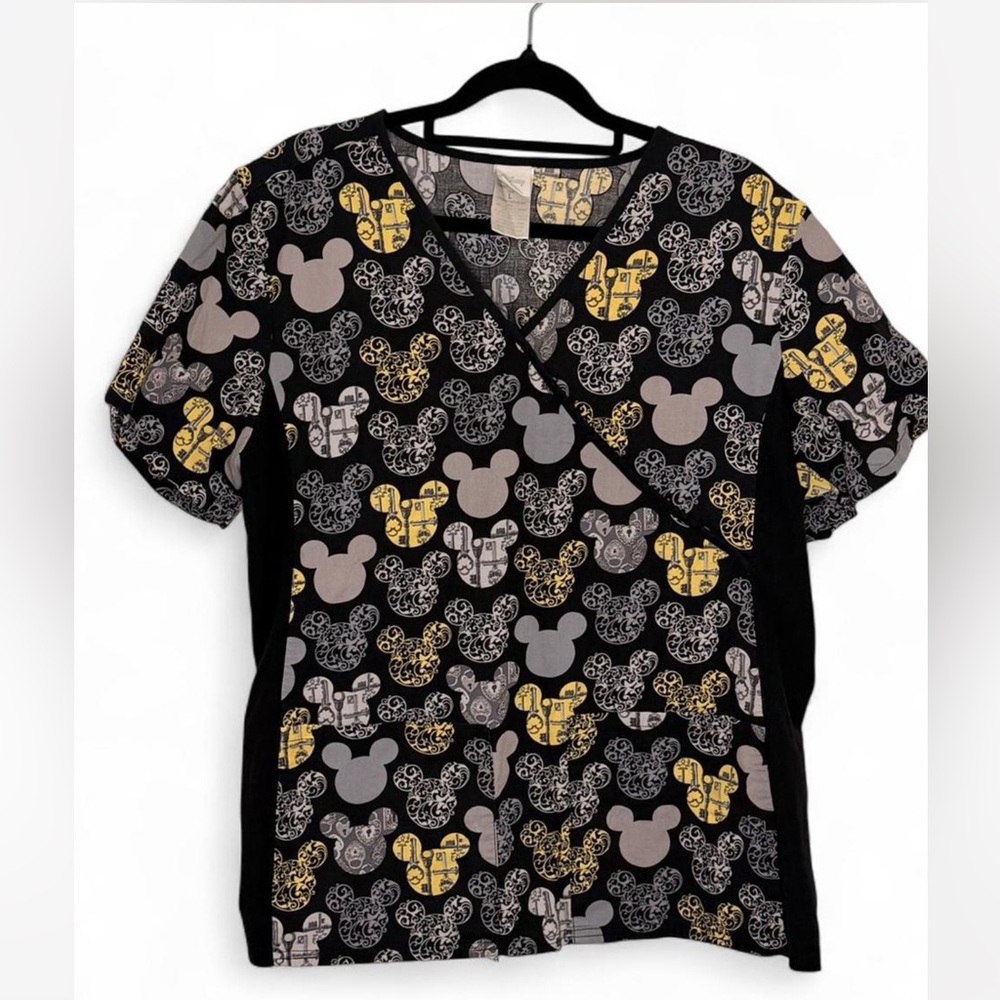 Disney Mickey Mouse Damask Scrub Top - Black/Grey/Yellow - Size Large